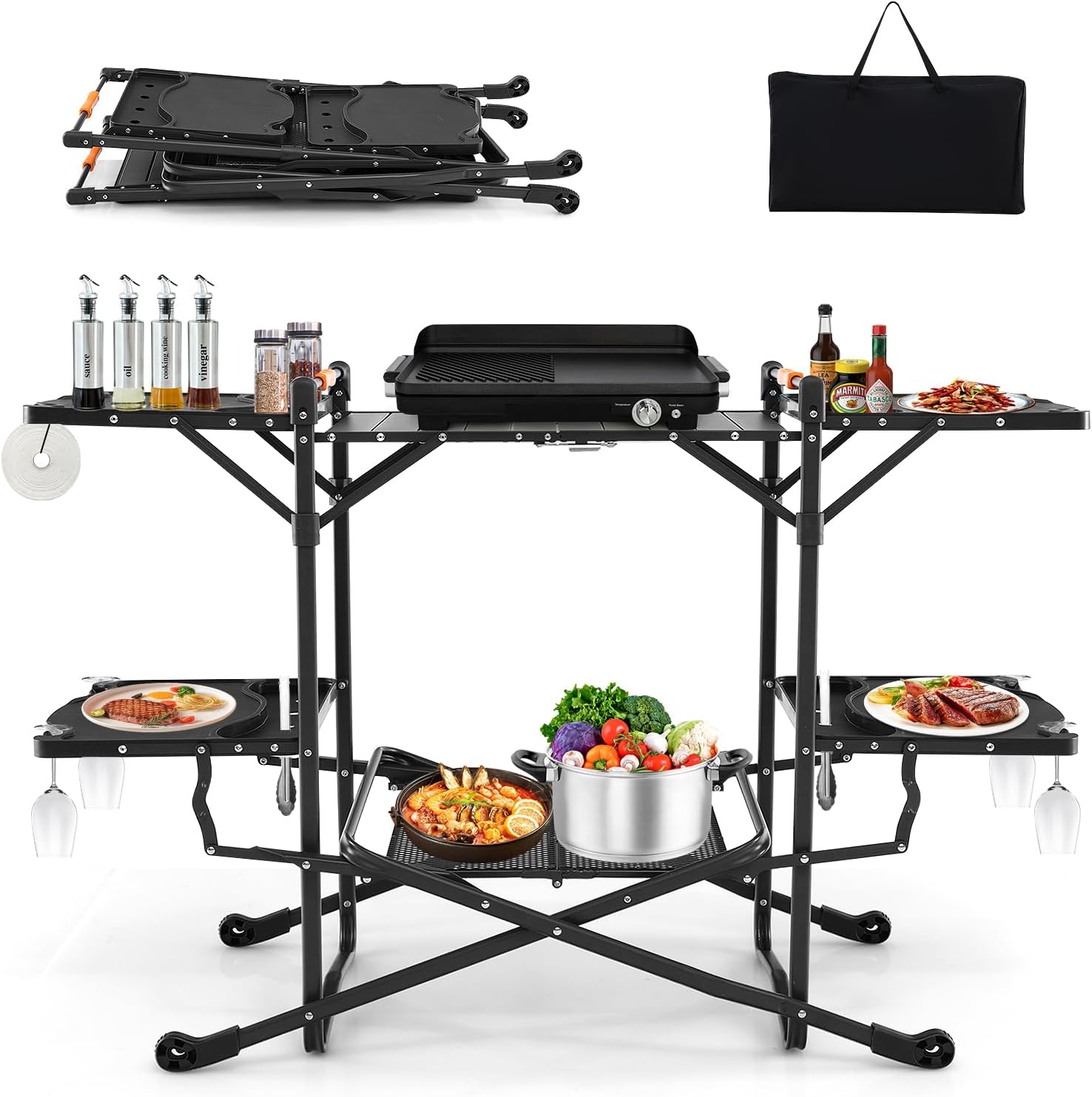 Camping Cooking Table With Storage - 내열성 상판, 4개의 사이드 테이블, 수납