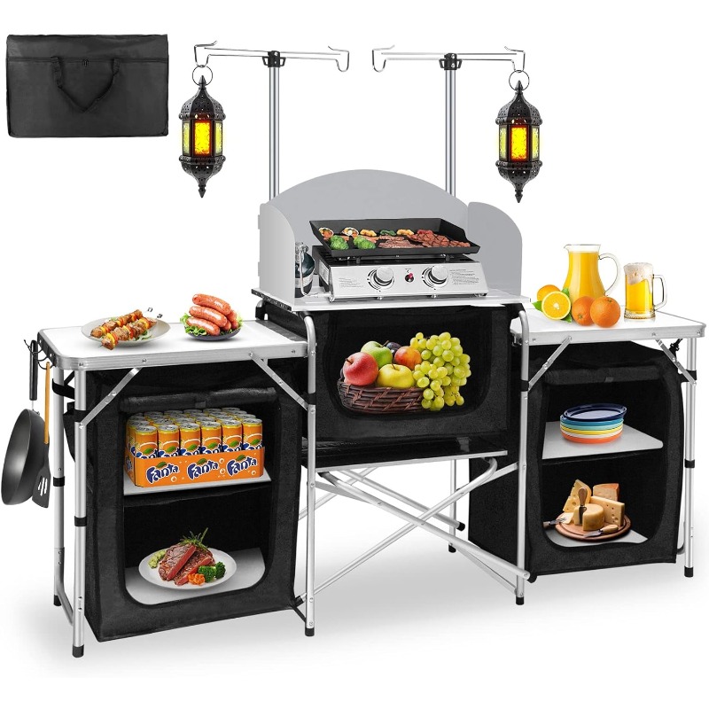 Camping Cooking Table With Storage - 핫세일 야외 캠핑 이동식 주방 휴대용
